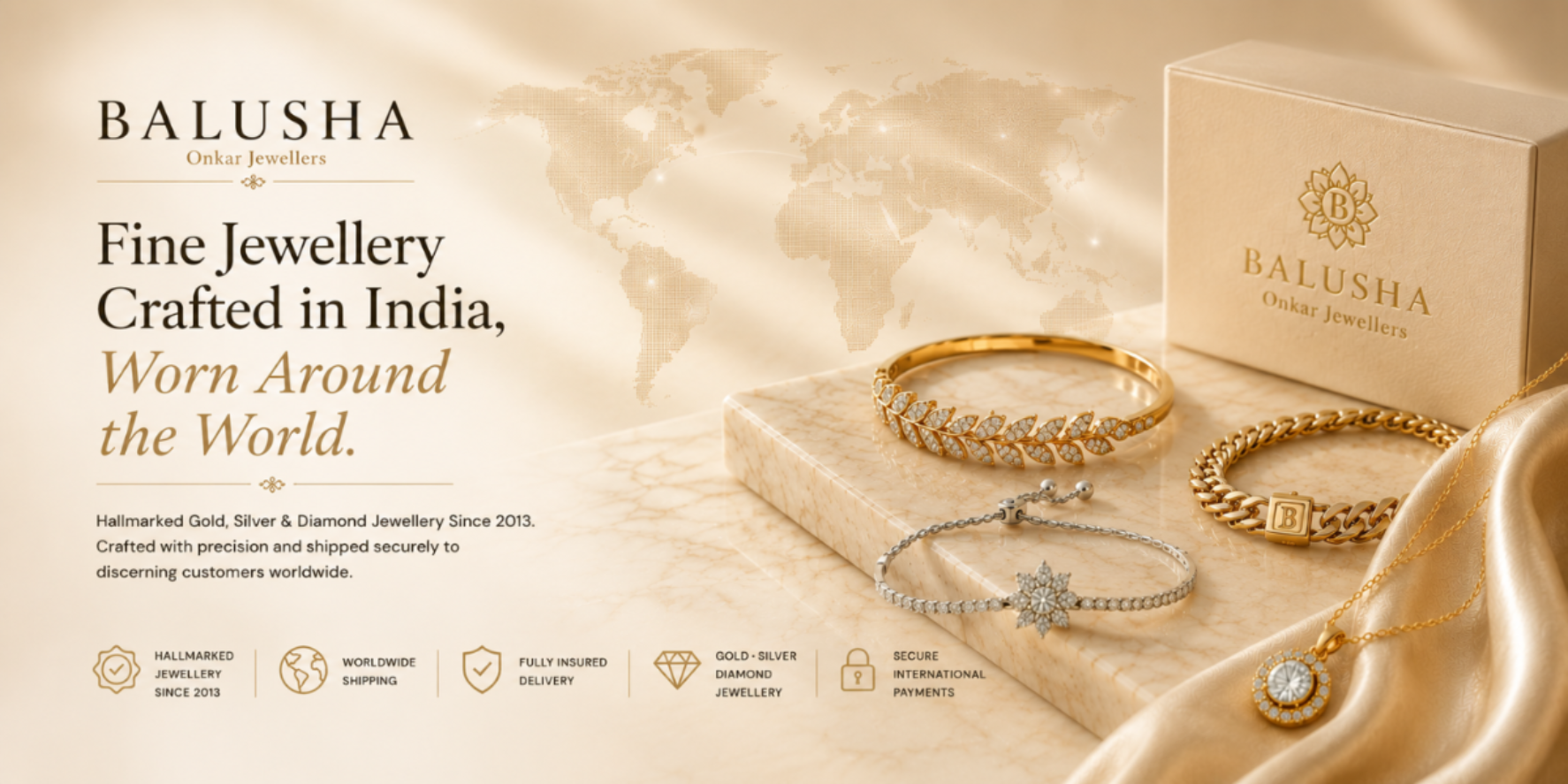 Balusha gold jewelry set with a box on a beige background